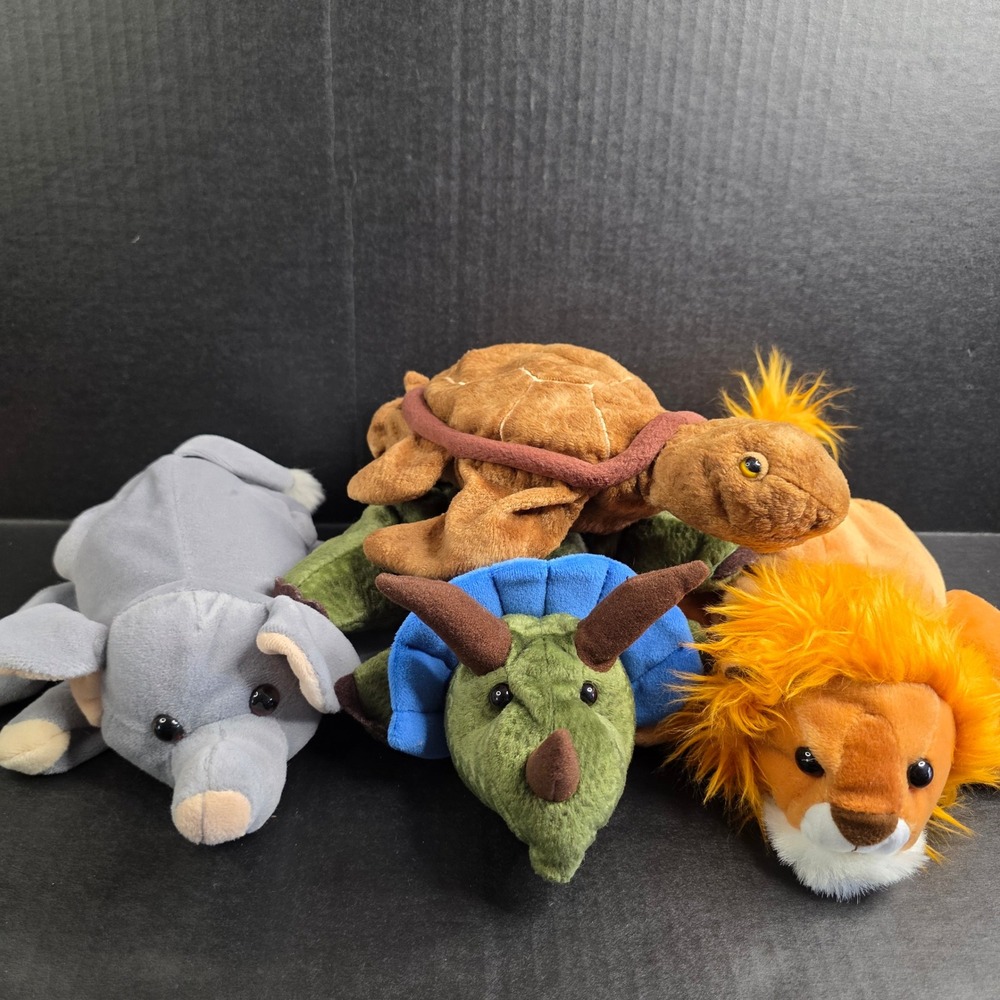 Caltoy Plush Animal Hand Puppet Lion Triceratops Sea Turtle Elephant 4pc Lot